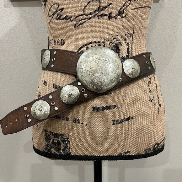 Accessories - Vintage Brown Concho Adjustable Long Leather Belt Made in Morocco 37”